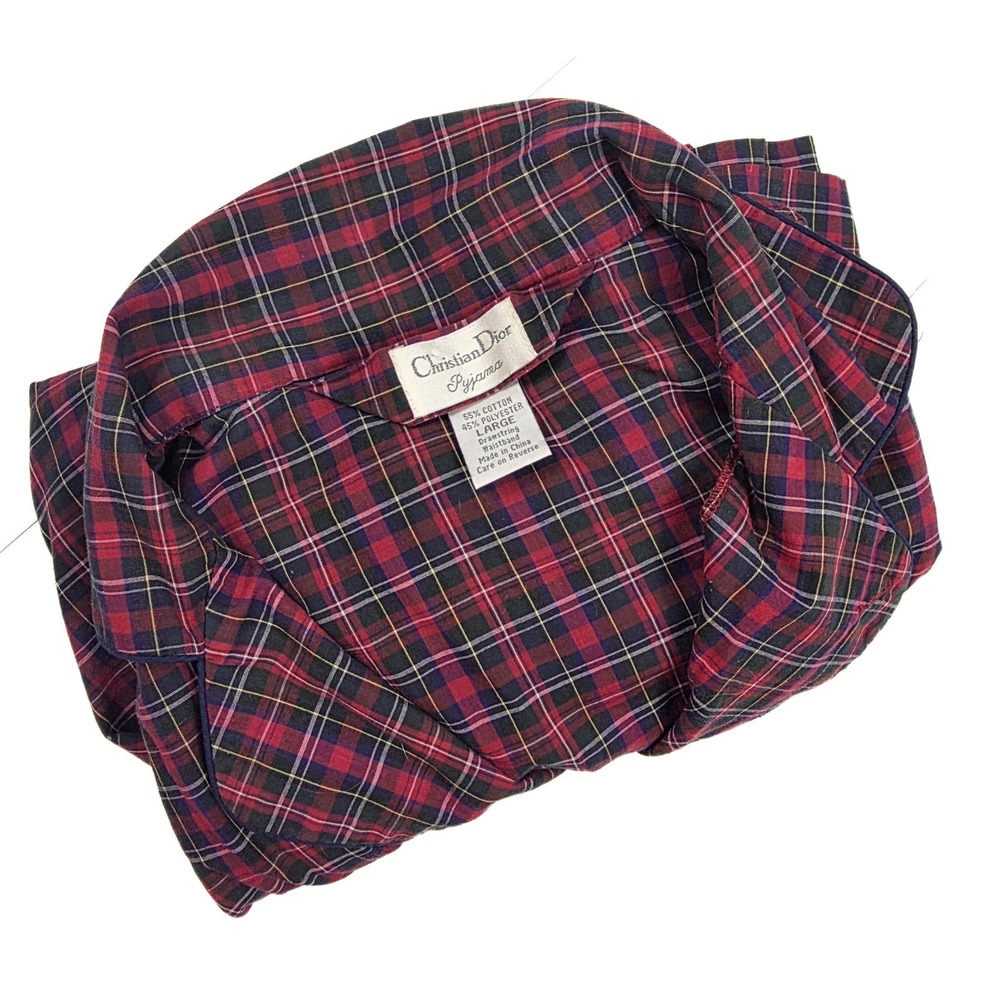 Christian Dior Pajama‎ Red Blue Plaid Button L/S  Sleep Shirt Men's Size L VTG - Picture 3 of 4